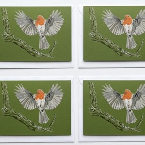 May include: Four identical rectangular greeting cards featuring a green background with an illustration of a robin with outstretched wings perched on a textured brown tree branch. Each card is enclosed in a white envelope.