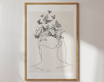 Butterfly Feelings Line Art | boho woman print, printable wall art, black and white wall art, digital print, minimal butterfly printable