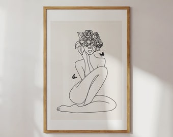 May include: Line art print of a person sitting with flowers covering their head and butterflies flying around them.