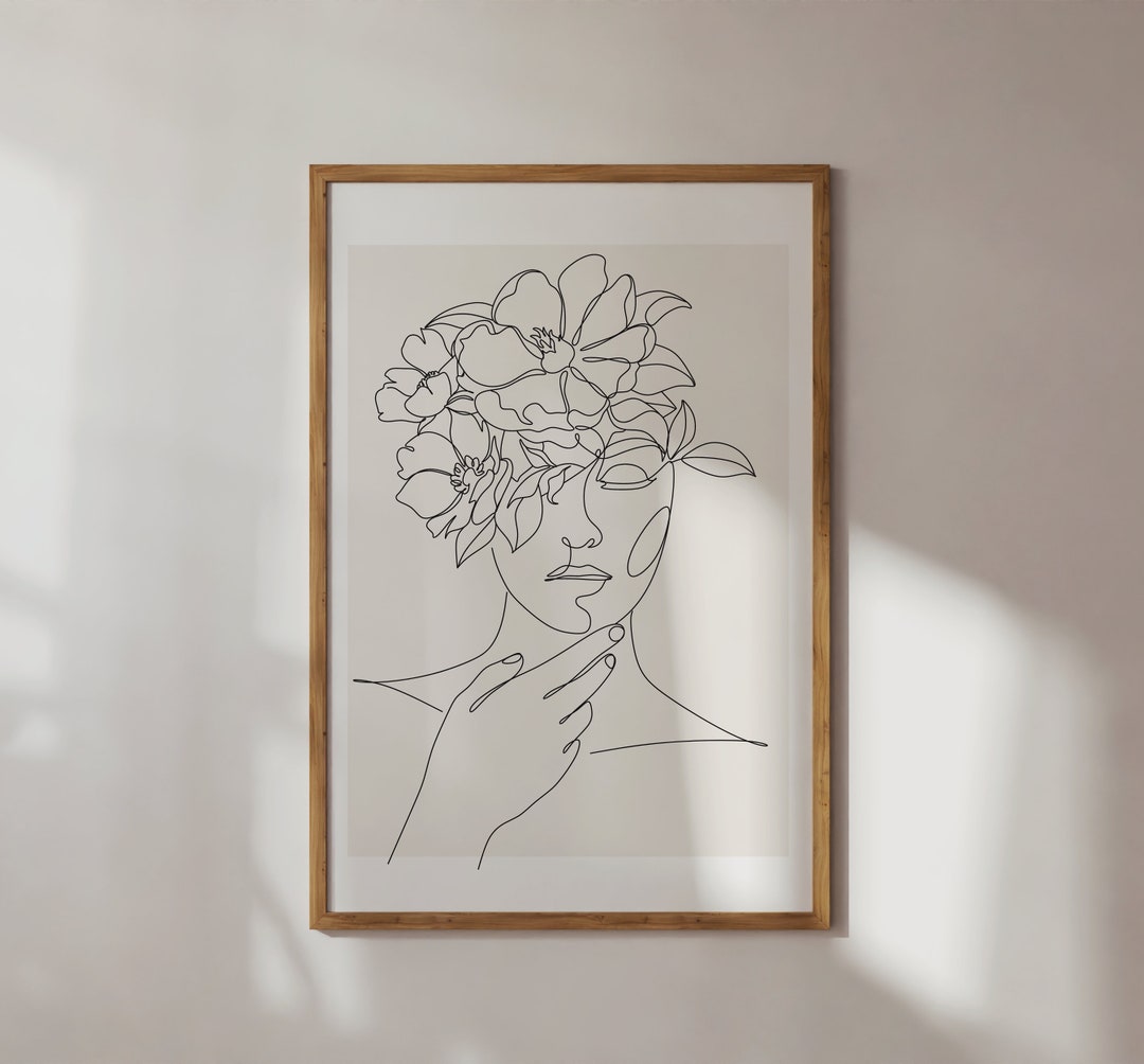 Head of Flowers Line Art Botanical Print, Printable Wall Art, Black and