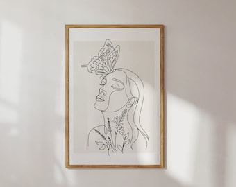 Woman + Butterfly Line Art Print | botanical print, printable wall art, black and white wall art, digital print, minimal butterfly printable