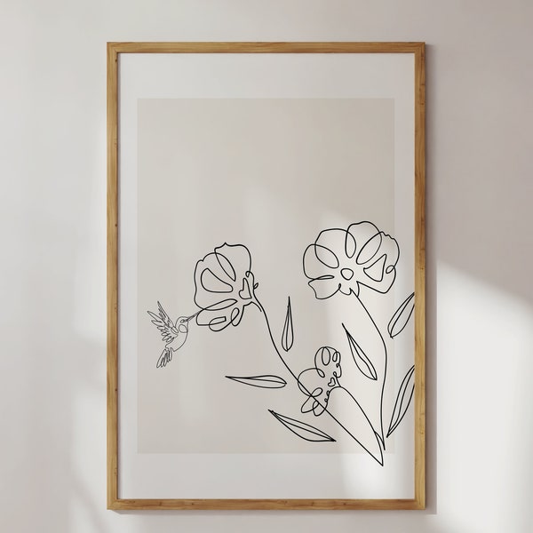 Hummingbird Flower Line Art | nature minimalist artwork, hummingbird minimal art, botanical print, modern farmhouse wall art