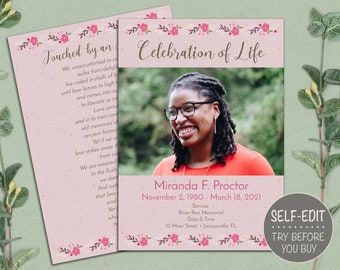 Funeral Program Template Editable, Celebration of Life Invitation Floral, Editable Funeral Announcement, Obituary Template for Woman