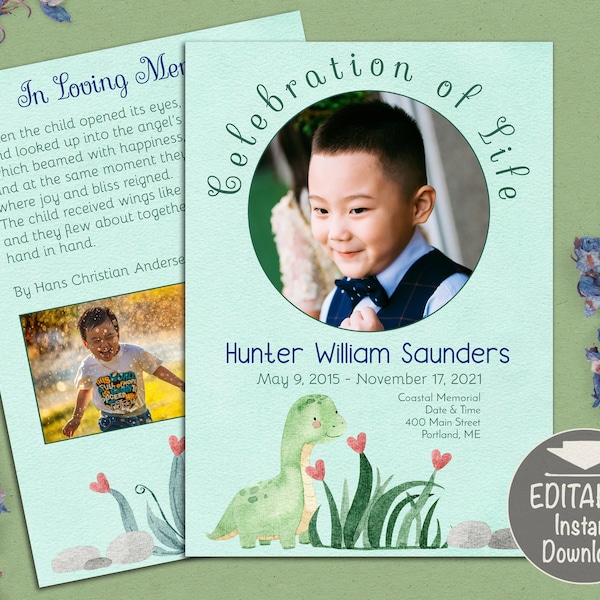 Dinosaur Funeral Program Template, Obituary Template for Baby Boy, Funeral Invitation for Kids, Celebration of Life Template Digital Invite