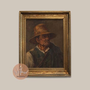May include: A framed oil painting of a man wearing a straw hat and a dark green waistcoat. The painting is set against a dark brown background.