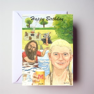 May include: A birthday card featuring a hand-drawn illustration of three people in a garden setting. The card reads "Happy Birthday" at the top and is signed "BEAVE" at the bottom.