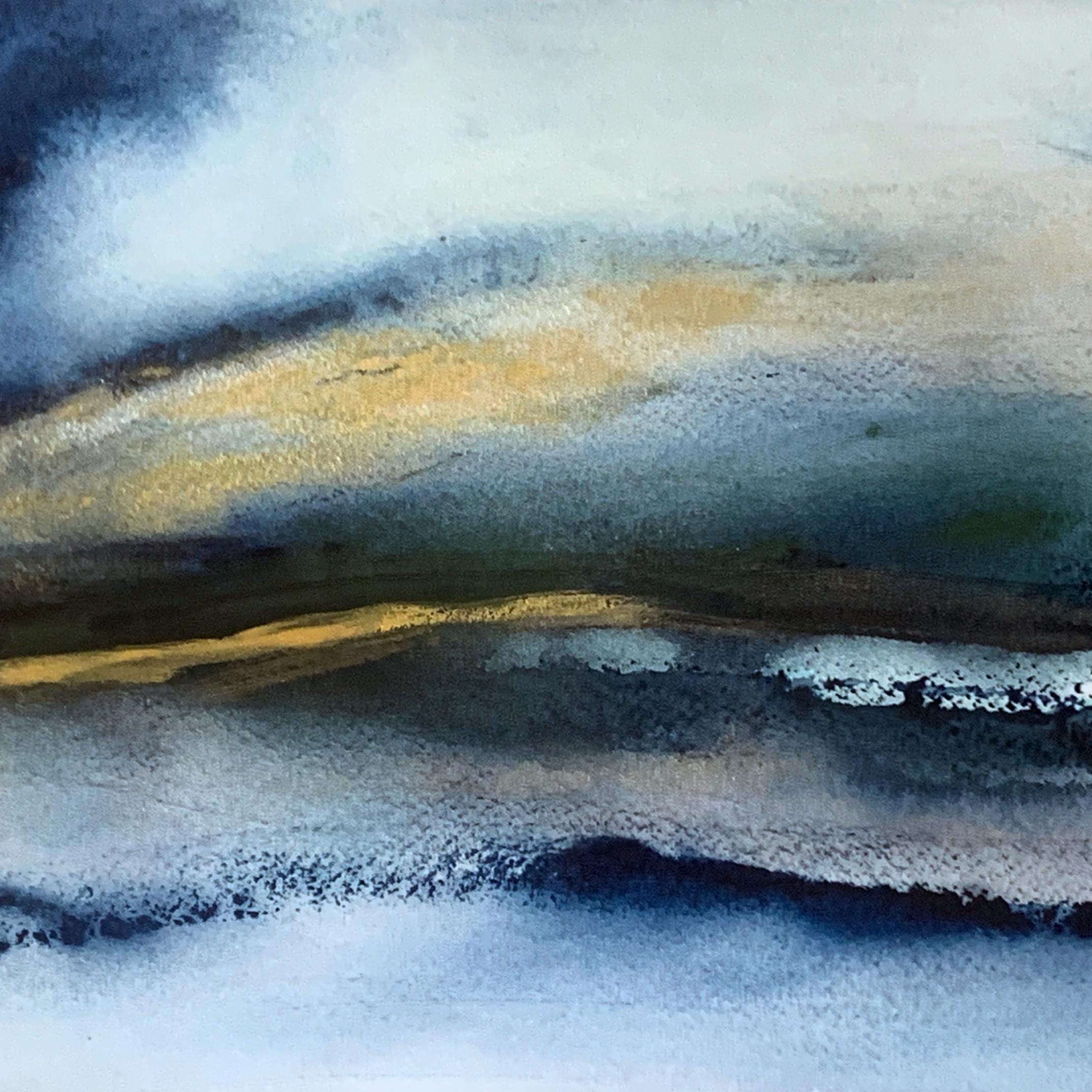 額入り抽象風景画水彩画：ブルーハーモニー、9x12インチのオリジナル