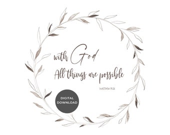 With God All Things Modern Christian Art, Minimalist Bible Verse Print, MATTHEW 19:26