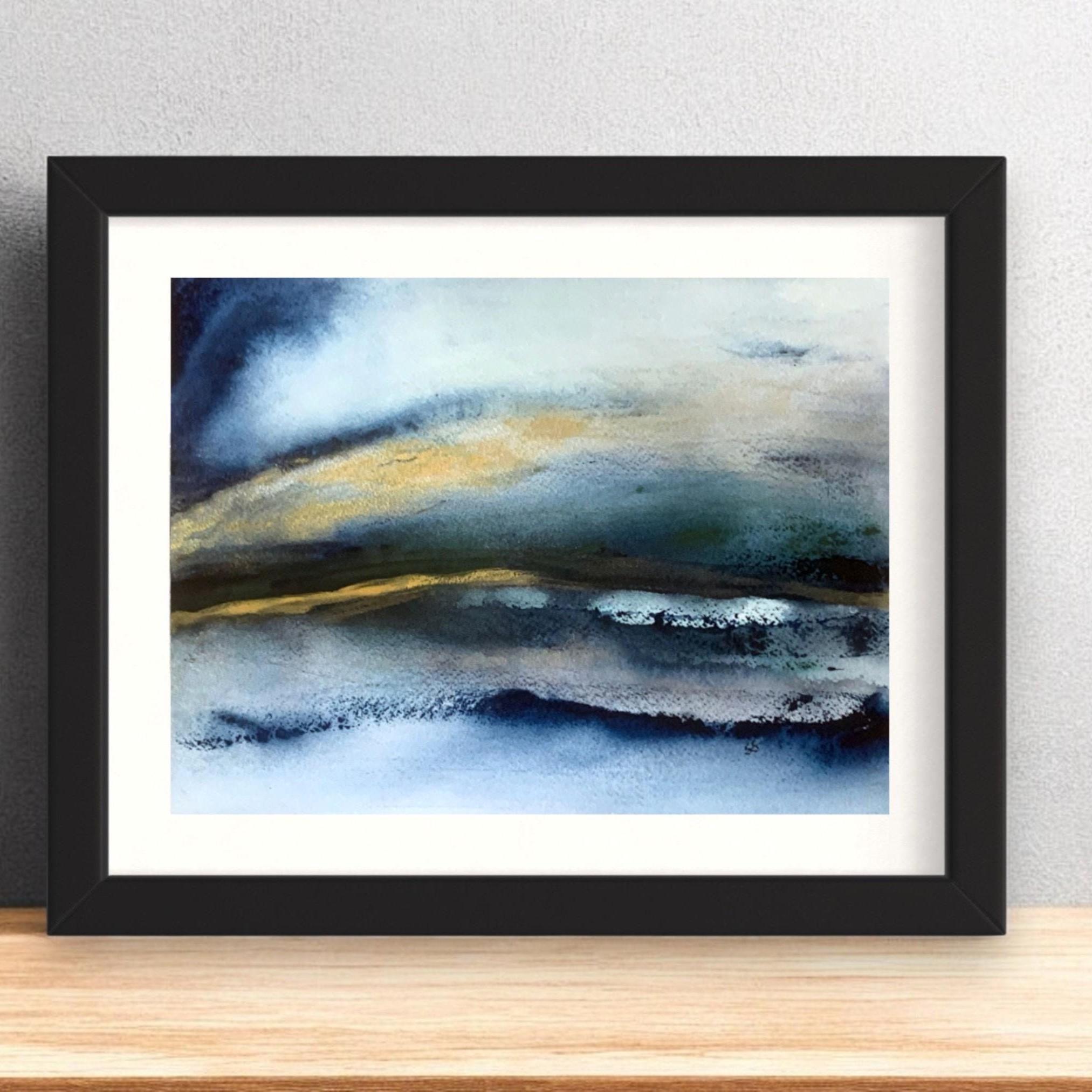 額入り抽象風景画水彩画：ブルーハーモニー、9x12インチのオリジナル