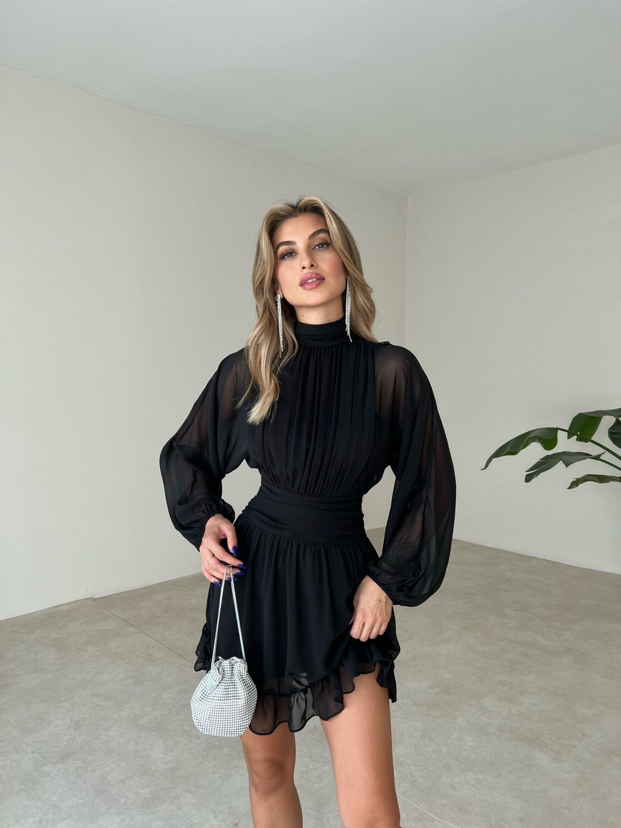 Turtleneck Black Tulle Dress Elegant Prom Dress for Women Black