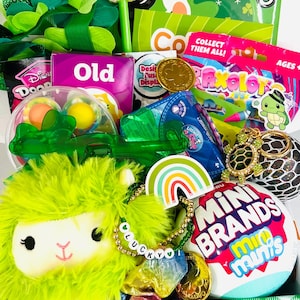 May include: A St. Patrick's Day themed gift box filled with various items. Includes a plush green llama, a bracelet that says "LUCKY", a rainbow pen, and several small toys and collectibles. The box is decorated with green and white checkered paper.