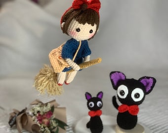 Handmade Adorable Delivery Witch and Black Cat Crochet Plush, Jiji Cat& Kiki, Cute Amigurumi, Warm Gift, Inspired by Kiki's Delivery Service