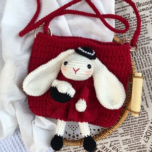 Rabbit Cartoon Crochet Bag, Hand-woven String Messenger Bag, Knitted Crossbody Bag, Red Bunny Doll Handmade Knit Crossbody Bag, Gift for her