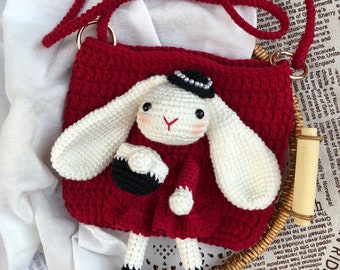 Rabbit Cartoon Crochet Bag, Hand-woven String Messenger Bag, Knitted Crossbody Bag, Red Bunny Doll Handmade Knit Crossbody Bag, Gift for her