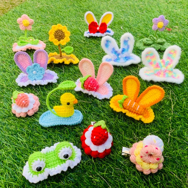 Crochet Bunny Ears Pinces à cheveux, Barrettes de canard faites à la main, épingle à cheveux 3D Plant, Kawaii Fruit Hair Accessories, Meilleurs cadeaux pour bébés filles enfants