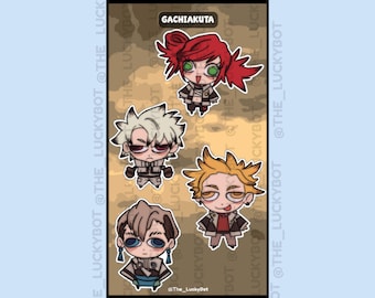 May include: A sticker sheet featuring four chibi-style anime characters from Gachiakuta. The characters have distinct hair colors including red, white, yellow, and brown, and are depicted with large eyes and expressive faces against a camo background.