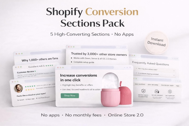 May include: An advertisement for a Shopify Conversion Sections Pack. The image displays mockups of website sections with text like "Increase conversions in one click" and "Trusted by 3,000+ store owners." The pack includes 5 high-converting sections and is a no-app solution.