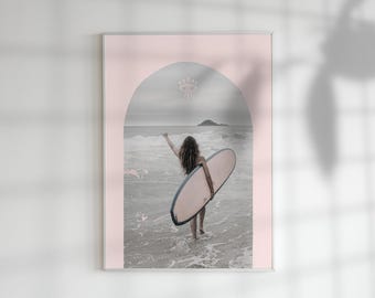 Surf Girl Wall Art Print - Pink Surfboard Poster - Boho Coastal Printed Home Decor