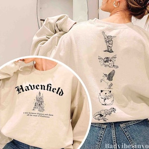 Havenfield inspiró 2 lados sudadera con capucha camiseta, guardián de las ciudades perdidas inspiradas, sudadera Foxfire Academy, amante del libro, ratón de biblioteca