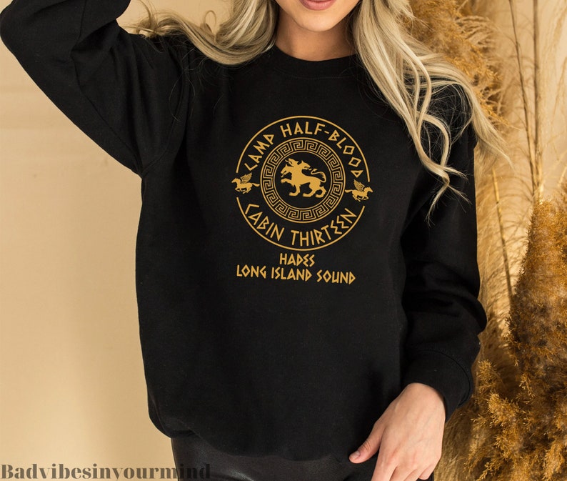 May include: Black sweatshirt with a gold graphic of a camp logo. The logo says "Camp Half-Blood Cabin Thirteen Hades Long Island Sound".