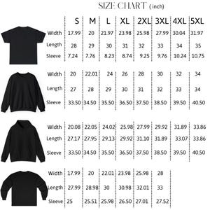 May include: A size chart in inches for various apparel items, including a t-shirt, sweatshirt, hoodie, and long-sleeve shirt. The chart displays measurements for width, length, and sleeve length across sizes S to 5XL.