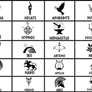 May include: Black and white illustrations of Greek gods and goddesses with their symbols. The symbols include an owl, a torch, a dove, wheat, a wheel, an eye, a hammer, a trident, a goblet, a rainbow, a bow and arrow, a lotus flower, wings, a three-headed dog, a lyre, a lightning bolt, a cross, a caduceus, a helmet, and a wine glass.