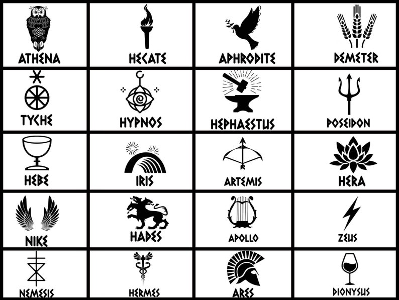 May include: Black and white illustrations of Greek gods and goddesses with their symbols. The symbols include an owl, a torch, a dove, wheat, a wheel, an eye, a hammer, a trident, a goblet, a rainbow, a bow and arrow, a lotus flower, wings, a three-headed dog, a lyre, a lightning bolt, a cross, a caduceus, a helmet, and a wine glass.