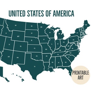 Carte imprimable des États-Unis, téléchargement numérique de la carte des États-Unis, affiche Amerika, affiche téléchargeable de la carte murale des États-Unis, affiche des noms d'état de la carte des États-Unis colorée