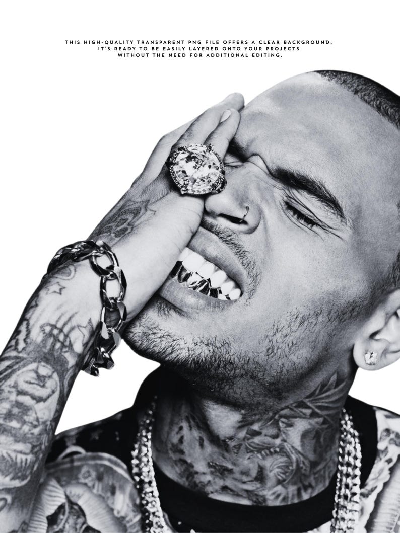 May include: A black and white portrait of a person with extensive arm and neck tattoos, wearing a large diamond ring on their finger, a thick metallic chain bracelet, a nose ring, metallic teeth grills, and layered silver chains around their neck.