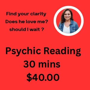 Op de afbeelding: Rode afbeelding met de tekst "Find your clarity, Does he love me?, should I wait?" en "Psychic Reading 30 mins". Een portret van een vrouw staat in een witte cirkel. De prijs is €36,80.