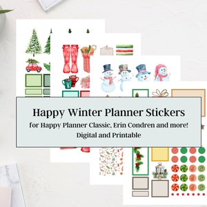 Puede incluir: Un conjunto de pegatinas de planificador de invierno digitales e imprimibles que presentan una variedad de ilustraciones con temática invernal, incluidos muñecos de nieve, árboles de Navidad, botas de invierno y decoraciones navideñas. El texto "Happy Winter Planner Stickers" y "for Happy Planner Classic, Erin Condren and more! Digital and Printable" está incluido en la imagen.
