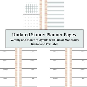 Skinny Planner Pages- Undated Planner Pages- Skinny Planner Layout- Monthly and Weekly- Sunday or Monday Start- Happy Planner
