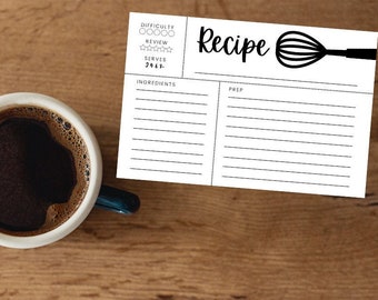 Printable Recipe Cards Black and White Whisk 6x4" Digital Download