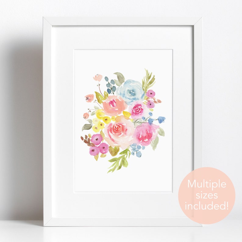 Wildflowers and Roses Watercolor Painting, Printable Wall Art, Floral