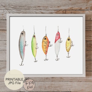 Fishing Lures Watercolor Painting, Printable Wall Art, DIGITAL DOWNLOAD, Print, Digital Prints, Fish art, Fishing Lovers, Gift, Lake life