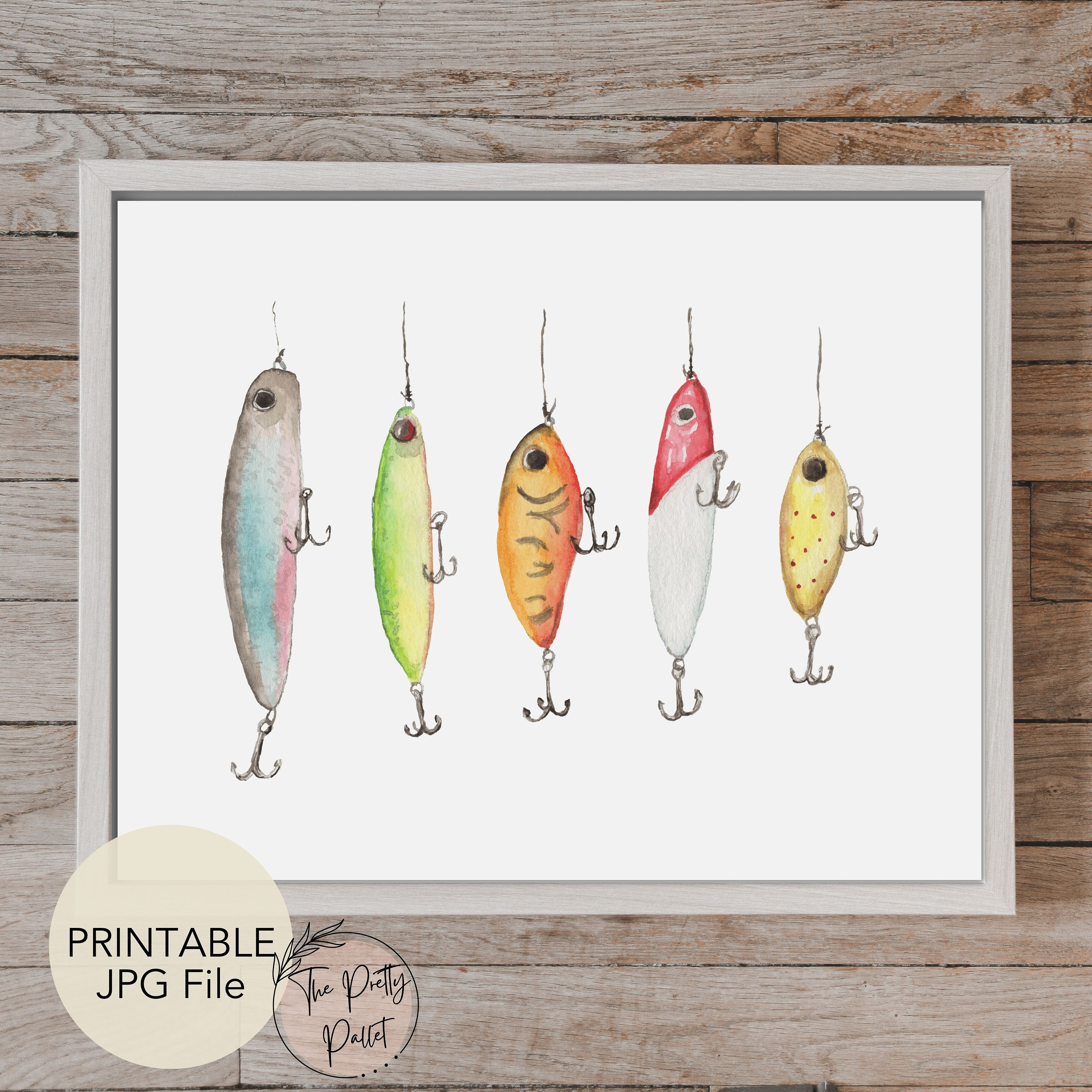 Fishing Lures Watercolor Painting, Printable Wall Art, DIGITAL