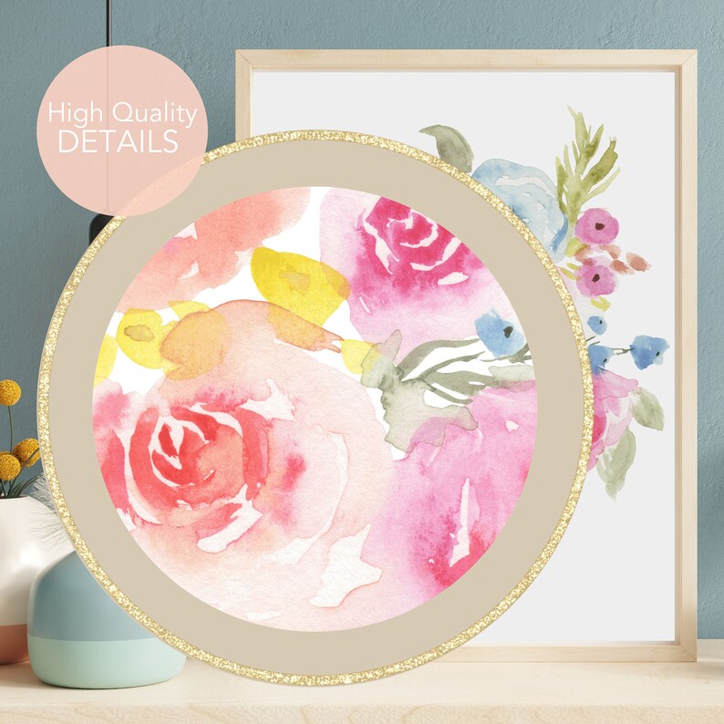 Wildflowers and Roses Watercolor Painting, Printable Wall Art, Floral