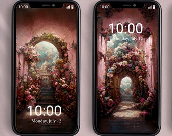 Fairytale Floral Arch Phone Wallpaper: Pastel Red Vintage Dream (Digital Download)