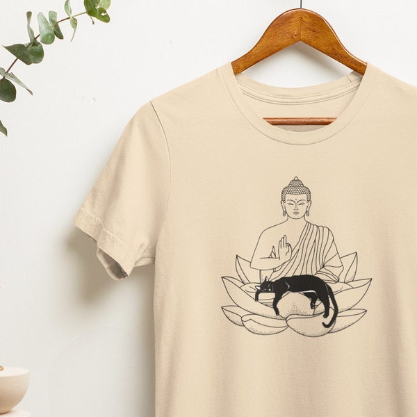 Buddha with Cat Soft Cotton Unisex Tee for Cat Lover Gift for Compassionate Friend Fun T Shirt for Animal Lover Buddhist Meditator