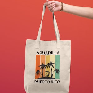 Cotton Canvas Tote Bag - Aguadilla Puerto Rico Souvenir - Palm Trees Retro Sunset - Zero Waste Bring Your Bag Groceries Beach Bag