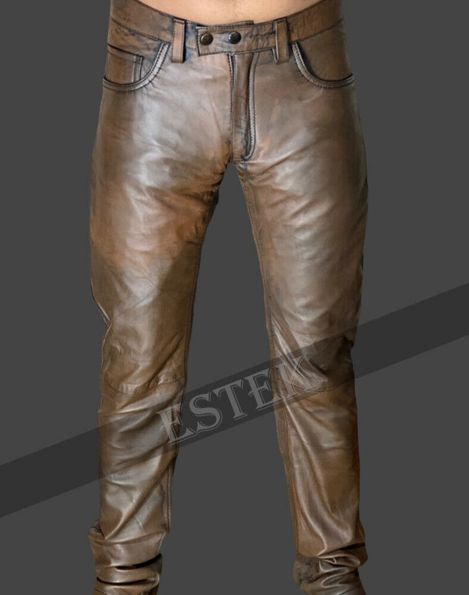 Mens Brown Leather Pants Slim Fit Biker Cowhide Leather Trousers Etsy