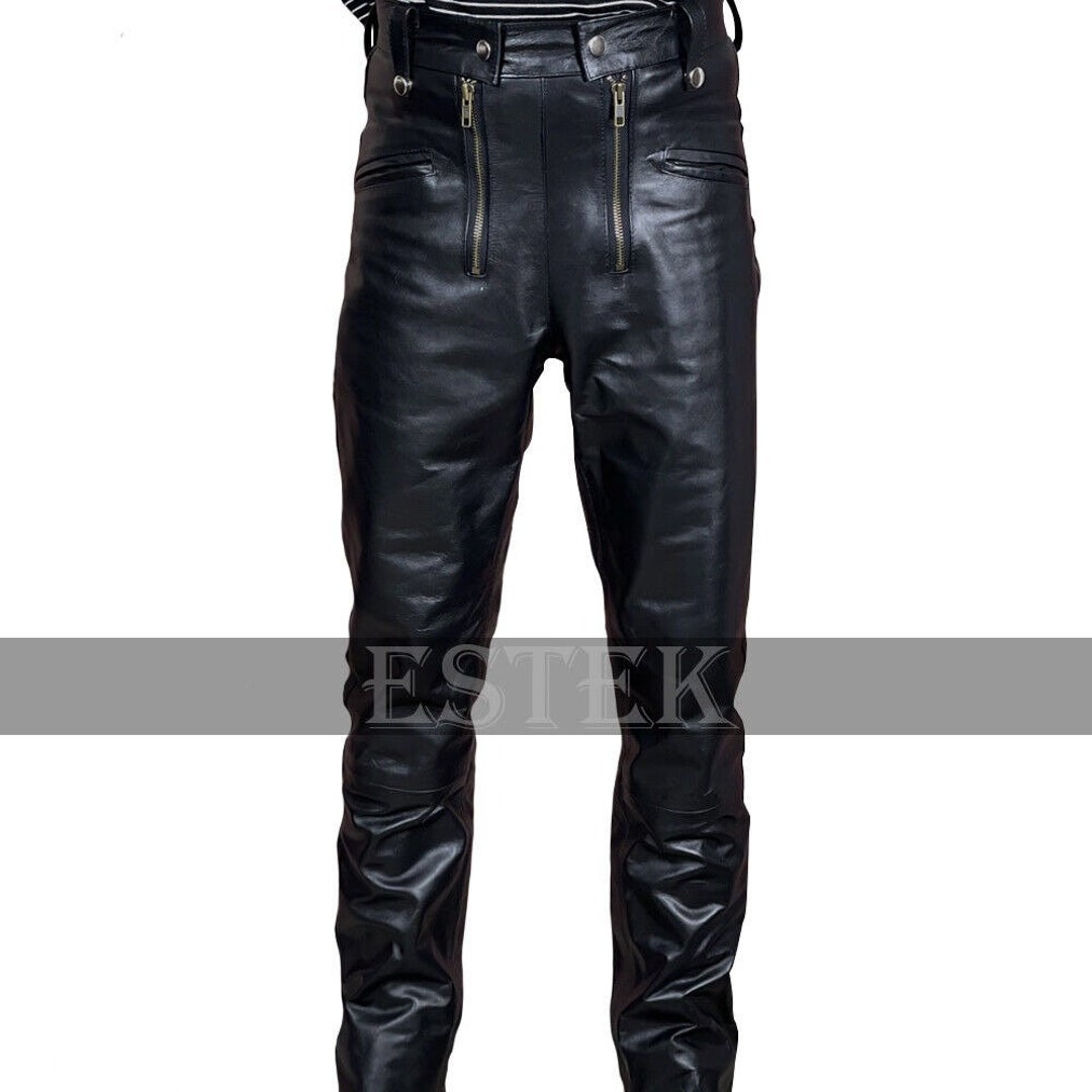 Mens Black Leather Biker Pants/trousers Double Zipper Pants Handmade 