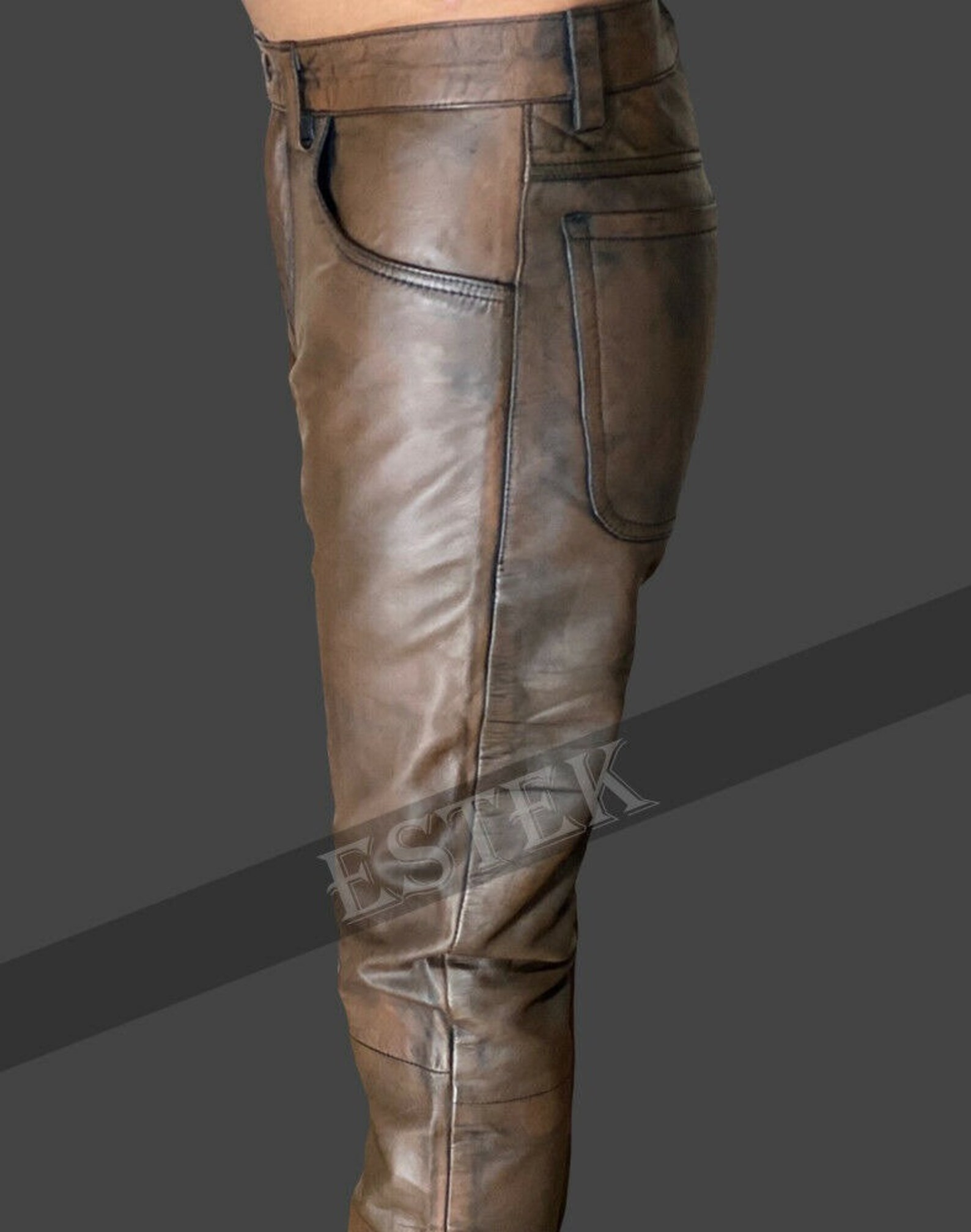 Mens Brown Leather Pants Slim Fit Biker Cowhide Leather Trousers Etsy