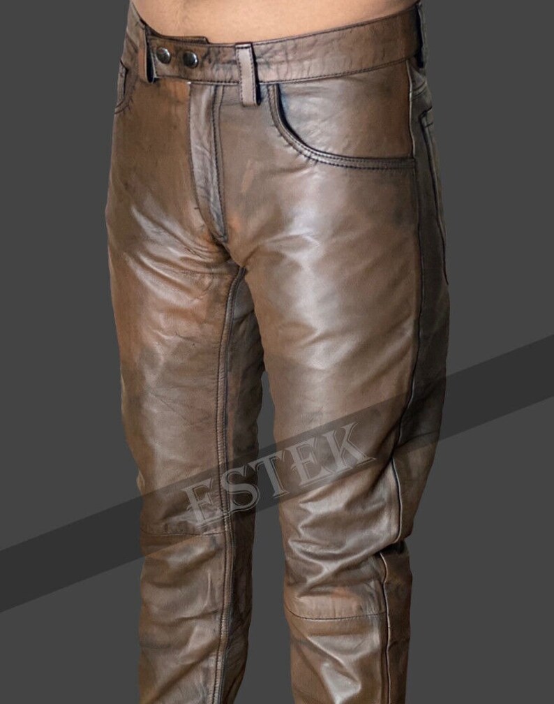 Mens Brown Leather Pants Slim Fit Biker Cowhide Leather Trousers Etsy