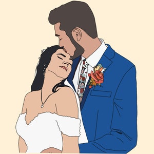 May include: A couple in wedding attire, the groom in a blue suit with a floral buttonhole, leans down to kiss the bride, who is wearing a white off-the-shoulder dress.