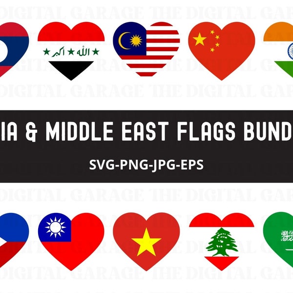 Asien Flagge SVG PNG, asiatische Länderflaggen, Herz Flaggen SVG, Naher Osten Clipart, Flaggen der Welt Png, Südostasien, Zentralasien Flagge Herz