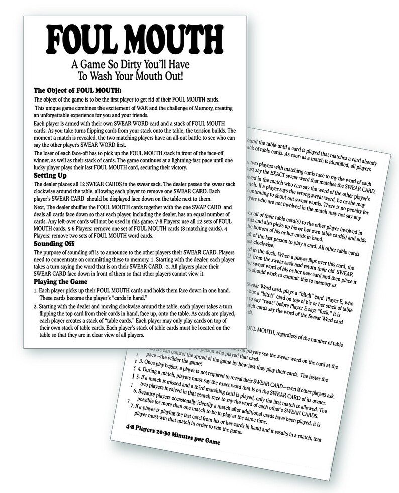 Foul Mouth Drinking Game/ Adult Birthday Party Game/ Bachelor Party