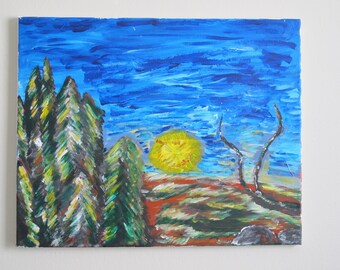 May include: A painting of a landscape with a bright yellow sun in the sky, green trees in the foreground, and a brown and green field in the distance.