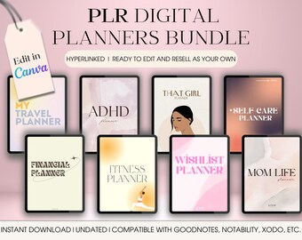 May include: A digital planner bundle with a pink background. The bundle includes planners for travel, ADHD, fitness, financial, that girl, wishlist, self-care, and mom life. The text "PLR DIGITAL PLANNERS BUNDLE" is at the top of the image. The text "HYPERLINKED | READY TO EDIT AND RESELL AS YOUR OWN" is below the bundle title. The text "Edit in Canva" is in the top left corner of the image.
