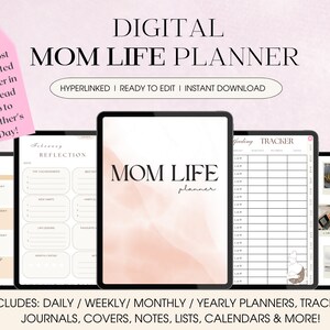May include: Digital Mom Life Planner with a pink and white watercolor background. The planner includes daily, weekly, monthly, and yearly planners, trackers, journals, covers, notes, lists, calendars, and more.